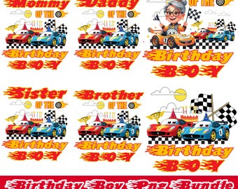 レースカーの誕生日男の子ファミリーPNGバンドル – 家族の誕生日のための漫画レーシングカー – 男の子の誕生日昇華セット – スポーツカーの誕生日PNG
