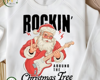 Rockin Weihnachtsmann PNG, Coole Rock Gitarre Weihnachtsentwurf, lustige Weihnachtsmann PNG Clipart, Retro Weihnachtsmusikliebhaber PNG, Feiertags Hemd Design