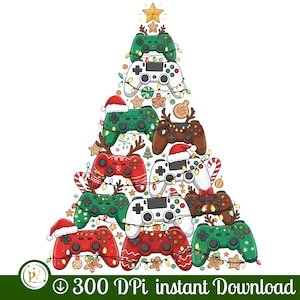 May include: A Christmas tree design made of colorful video game controllers, decorated with lights, Santa hats, and gingerbread men. A gold star tops the tree. The image includes the text "300 DPI instant Download".
