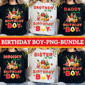 Peut inclure: Plusieurs t-shirts avec des motifs colorés sur le thème de l'anniversaire. Chaque chemise présente un graphisme sur le thème des fruits avec les mots "Frère du garçon d'anniversaire", "Papa du garçon d'anniversaire", "Maman du garçon d'anniversaire" et "Sœur du garçon d'anniversaire". Le texte "Birthday Boy" est également affiché.