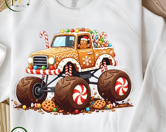 Gingerbread Monster Truck Christmas PNG, Cute Holiday Cookie Truck, Santa Hat Xmas Kids PNG, Festive Boys Christmas Clipart