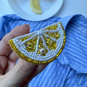 Brooch yellow lemon hand embroidered with beads and beads. Bright brooch for stylish looks