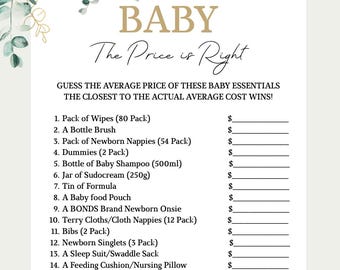 The Price is Right babyshowerspel met apart antwoordblad. Australisch babyshowerspel. Gebaseerd op Australische producten en prijzen.