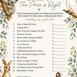May include: A baby shower game card with the text "BABY The Price is Right". The card features illustrations of a koala, kangaroo, cockatoo, emu, and wombat. The game lists baby essentials to guess the price of.