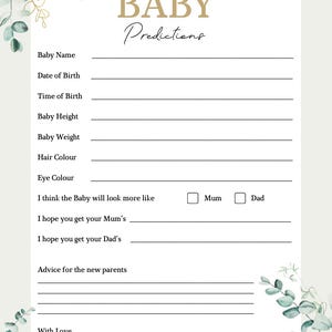 May include: Baby shower game card with the text "BABY Predictions" in a decorative font. The card has fill-in-the-blank sections for baby's name, date and time of birth, height, weight, hair and eye color, and more. The card is decorated with watercolor eucalyptus leaves.
