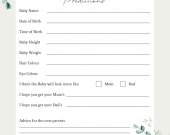 Baby Predictions, Baby Shower Game, Greenery, Leafy, Eucalyptus, Australian, Aussie