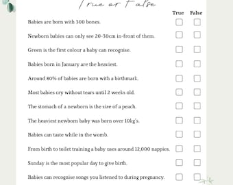 Waar of niet waar babyshowerspel met apart antwoordblad, Australische babyshower, sjabloon eucalyptusgroen