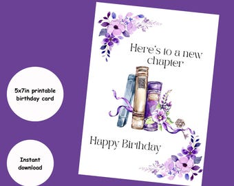 Carte d'anniversaire imprimable pour amoureux des livres, fleurs violettes et carte de livres, téléchargement immédiat, carte pour elle, club de lecture 5 x 7, anniversaire livresque
