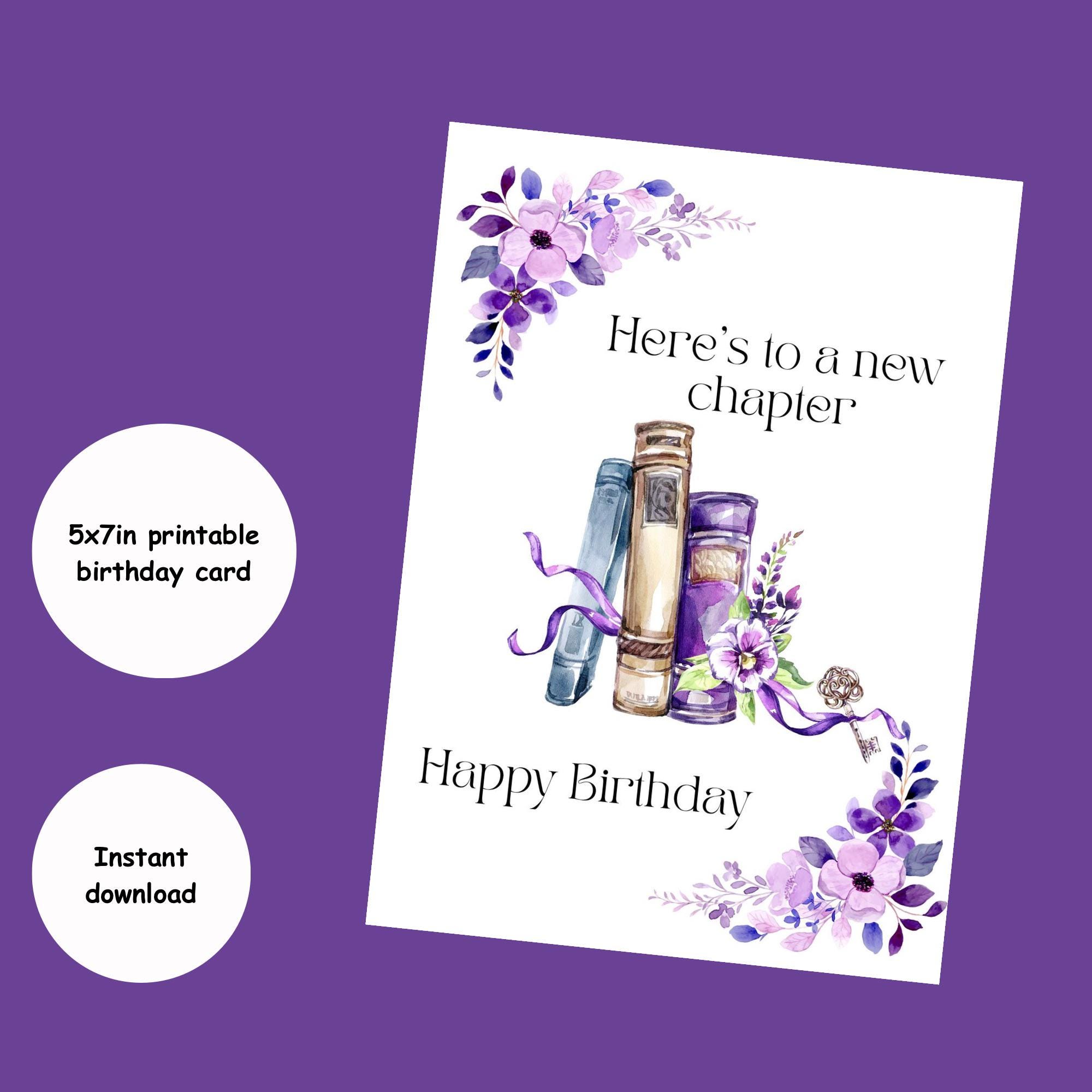 Book Lover Birthday Card: Purple Flowers, 5x7 Printable (digital ...