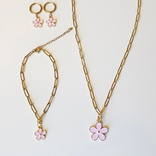 Light Pink Flower Bloom set -Hypoallergenic, 18K Gold plated Titanium Steel Paperclip necklace and bracelet, stainless steel earrings