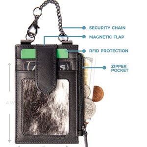 May include: Black leather wallet with a cowhide panel, 4.5-inch height, and 3-inch width. Features a magnetic flap, zipper pocket, and security chain. Includes card slots and RFID protection. Contains cash and coins.