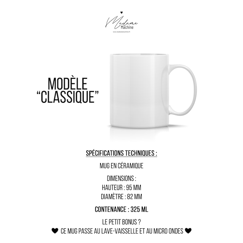 Może przedstawiać: Biały ceramiczny kubek z uchwytem, oznaczony jako "MOD&Egrave;LE CLASSIQUE". Kubek ma 9,5 cm wysokości, 8,2 cm średnicy i pojemność 325 ml. Tekst wskazuje, że nadaje się do kuchenki mikrofalowej i zmywarki.