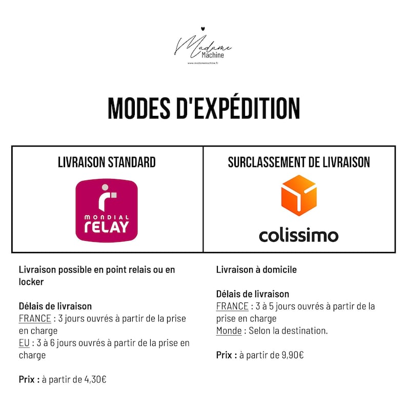 Może przedstawiać: Grafika z napisem "MODES D'EXP&Eacute;DITION" (Sposoby wysyłki) prezentująca dwie opcje: "LIVRAISON STANDARD" z logo Mondial Relay i "SURCLASSEMENT DE LIVRAISON" z logo Colissimo. Zawiera informacje o czasie i kosztach dostawy.