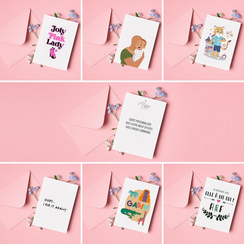 Może przedstawiać: Zbi&oacute;r kartek okolicznościowych z r&oacute;żnymi wzorami i ilustracjami. Niekt&oacute;re kartki zawierają tekst, np. "Joty Pink Lady" i "Elle a dit oui!". Inne kartki przedstawiają ilustracje matki i dziecka oraz tygrysa. Kartki są prezentowane na r&oacute;żowym tle.
