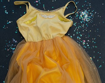 Size 5/6: One-of-a-kind gold tulle party dress with angel wing rhinestones