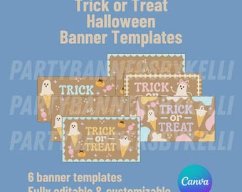 Puede incluir: Un conjunto de seis plantillas de banners de Halloween con un fondo marrón y bordes festoneados en azul claro. Cada banner presenta las palabras "Trick or Treat", fantasmas, conos de helado y caramelos. El texto "Trick or Treat Halloween Banner Templates" está en la parte superior.