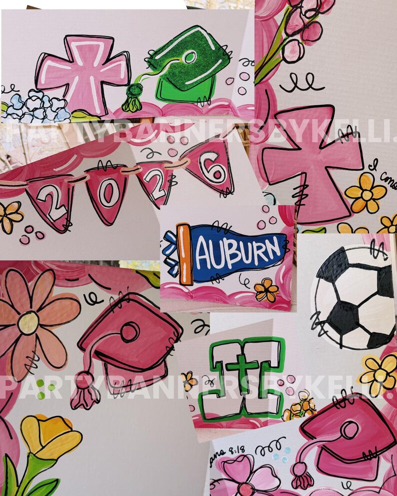 May include: A collage of hand-painted illustrations featuring pink crosses, green and pink graduation caps, a football, yellow flowers, and a pink pennant banner displaying the year 2026. A blue pennant features the text AUBURN.