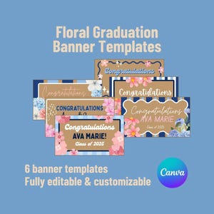 Modelos de banners de formatura, banner de formatura floral, modelo Canva, modelo de banner pintado, modelo de banner de papel para formatura feminina