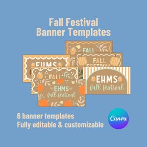 Puede incluir: Un conjunto de seis plantillas de banners para el festival de otoño en tonos marrón, naranja y blanco. Los banners presentan calabazas, hojas y el texto "Fall Festival". Las plantillas son totalmente editables y personalizables.