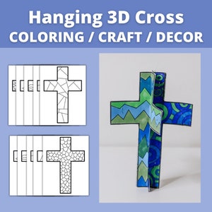 May include: Printable 3D cross craft template with two different designs. The template includes a cross with a stained glass pattern and a cross with a scale pattern. The image also shows a completed 3D cross craft.