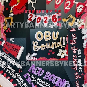 May include: A collage of hand-painted graduation cap designs on black backgrounds featuring red pennant banners with the year 2026, a red graduation cap, a red megaphone labelled Trojans, and text including OBU Bound, ACU Bound, and Psalm 47:1.