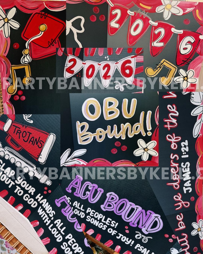 May include: A collage of hand-painted graduation cap designs on black backgrounds featuring red pennant banners with the year 2026, a red graduation cap, a red megaphone labelled Trojans, and text including OBU Bound, ACU Bound, and Psalm 47:1.