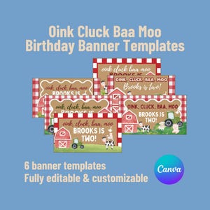 Op de afbeelding: Zes verjaardagsbanner sjablonen met een boerderijthema. De banners tonen rode schuren, tractoren en boerderijdieren. Tekst op de banners luidt "Oink Cluck Baa Moo" en "Brooks is Two!". De sjablonen zijn volledig bewerkbaar en aanpasbaar.