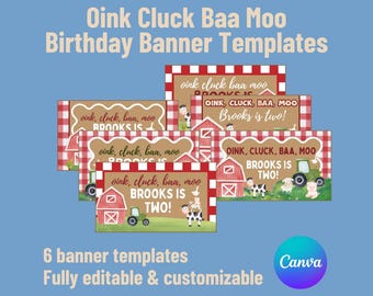 Oink Cluck Baa Boo Farm Birthday Banner Template Red Gingham Farm Party Decor DIY Canva Banner Editable Farm Animal Birthday Sign to Paint