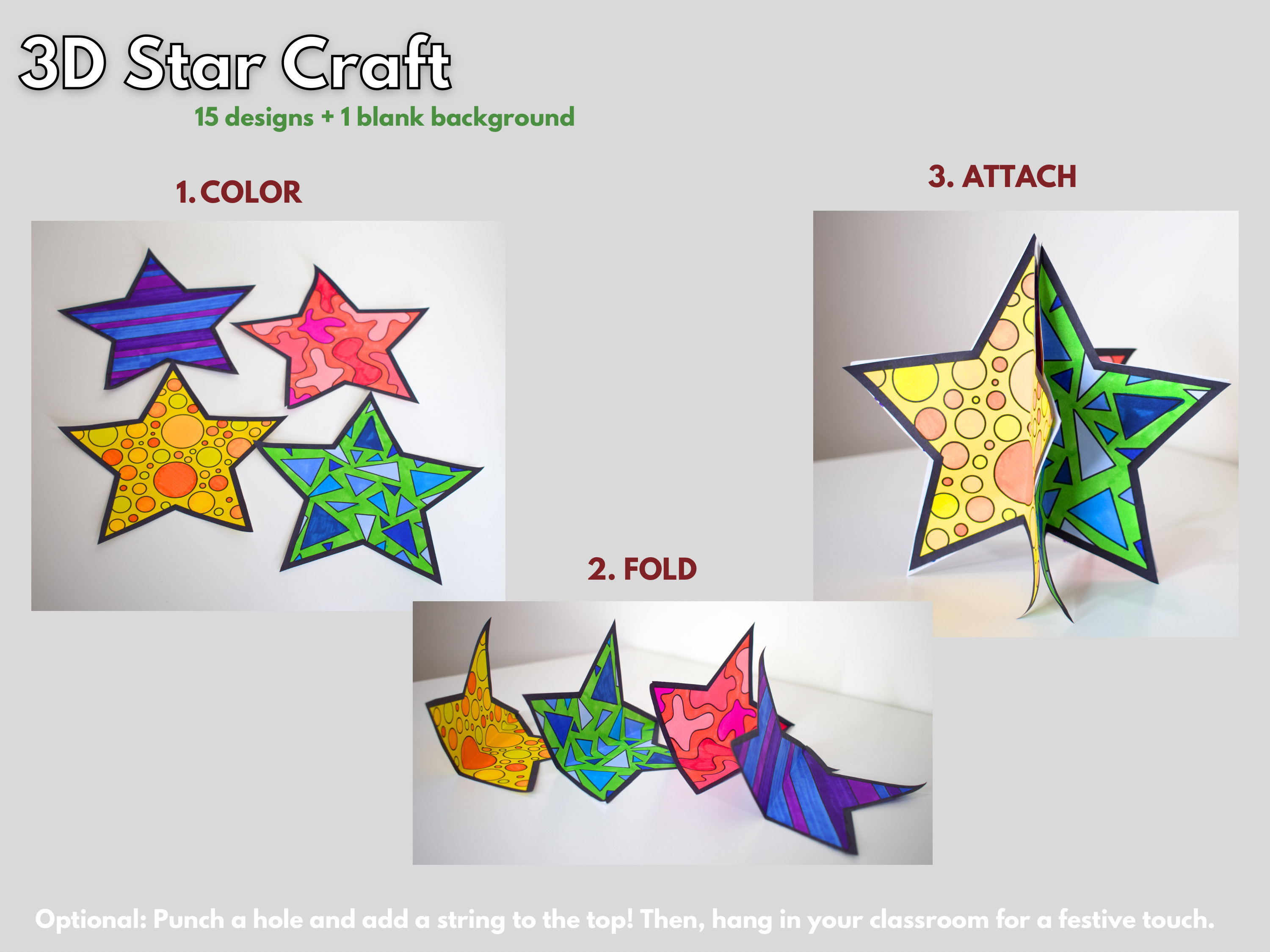Star Coloring Page Craft 3D Hanging for Winter Christmas or Advent