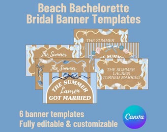 May include: Six beach-themed banner templates on a light blue background. The banners feature a tan and white colour scheme with nautical elements like seashells and life preservers. Text includes "Beach Bachelorette Bridal Banner Templates" and "The Summer".