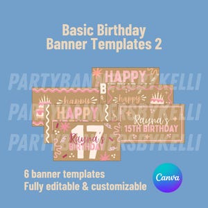 May include: Six birthday banner templates with a kraft paper effect and pink and white details. The banners display the words "Happy", "17", and "Rayna's 15th Birthday". The text "Basic Birthday Banner Templates 2" is at the top of the image.
