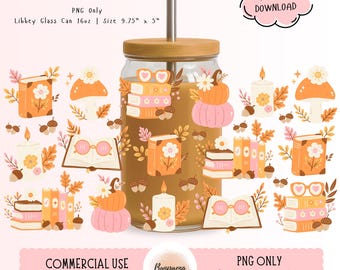 Fall Bookish PNG Wrap for Libbey Glass Can 16oz | Autumn Bookish Tumbler Wrap | Fall Reading Png Wrap | Book Lover Wrap Png | Libbey Wrap