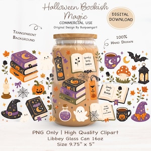 May include: A digital download graphic featuring Halloween-themed illustrations including stacks of books, ghosts, pumpkins, mugs, hats, and lanterns. The text reads Halloween Bookish Magic, Digital Download, Commercial Use, Transparent Background, 100% Hand Drawn, PNG Only, High Quality Clipart, Libbey Glass Can 16oz, Size 9.75" x 5".