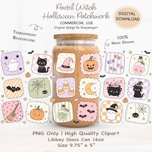 May include: A digital download featuring pastel Halloween patchwork clipart on a 16oz Libbey glass can measuring 9.75 inches by 5 inches. The design includes hand-drawn icons of ghosts, black cats, pumpkins, candy corn, bats, and cauldrons.