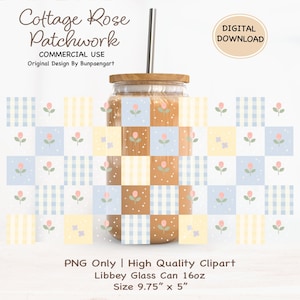 May include: A glass can with a wooden lid and a metal straw, featuring a "Cottage Rose Patchwork" design. The design includes a patchwork pattern with roses and the text "DIGITAL DOWNLOAD". The can is 9.75 inches by 5 inches.