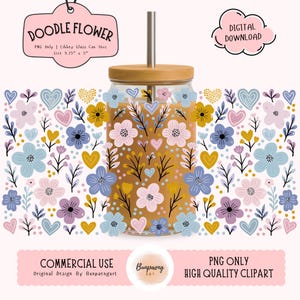 Doodle Blume PNG Verpackung für Libbey Glasdose | Blumen Libbey Wrap, Blumen PNG Wrap, Blumenglas Wrap Design, Retro Blumen Libbey Wrap