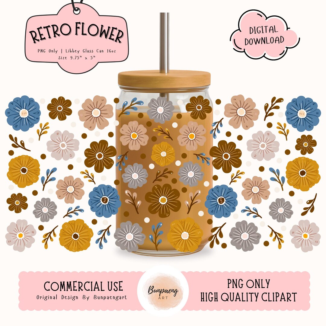 Retro Flower PNG Wrap for Libbey Glass Can 16oz | Vintage Floral ...