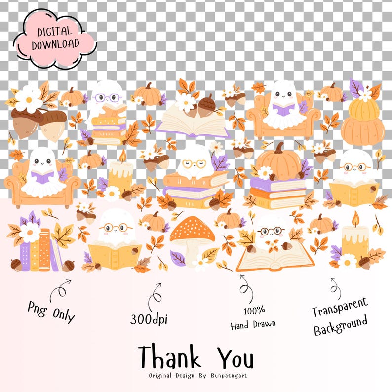 May include: A digital download graphic featuring whimsical illustrations of ghosts reading books, pumpkins, autumn leaves, and acorns. The design includes text that reads "Digital Download", "Png Only", "300dpi", "100% Hand Drawn", "Thank You", and "Transparent Background".