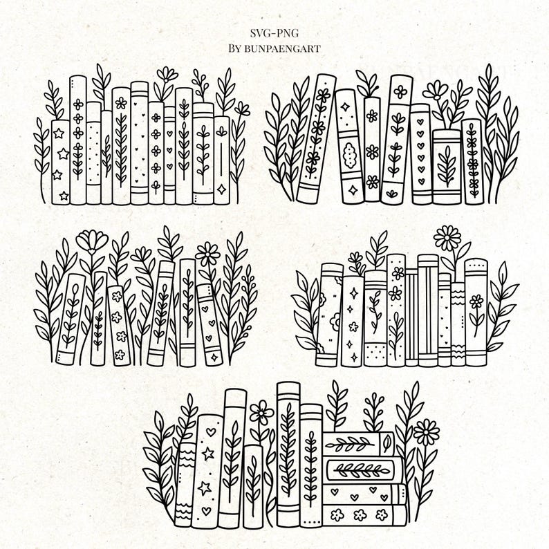 Floral Book Stack SVG Bundle, Floral Book SVG, Flower Book Clipart ...