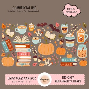 May include: A digital download featuring a fall-themed design with pumpkins, books, coffee cups, and bats. The design includes the text "LIBBEY GLASS CAN 16OZ Size 9.75" x 5"" and "PNG ONLY HIGH QUALITY CLIPART".