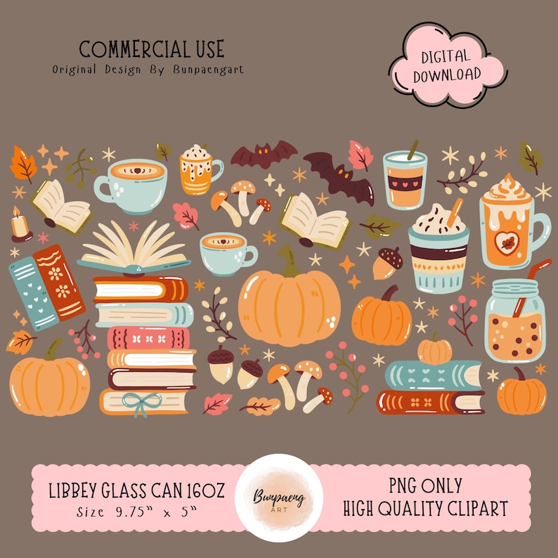 May include: A digital download featuring a fall-themed design with pumpkins, books, coffee cups, and bats. The design includes the text "LIBBEY GLASS CAN 16OZ Size 9.75" x 5"" and "PNG ONLY HIGH QUALITY CLIPART".