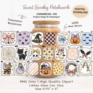 May include: A digital download featuring Sweet Spooky Patchwork clipart with Halloween motifs like ghosts, pumpkins, cats, and bows. The design includes a 16oz Libbey glass can mockup with dimensions of 9.75 inches by 5 inches, showcasing various colorful, hand-drawn, transparent background graphic elements.