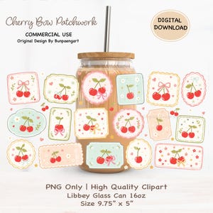 May include: A 16oz Libbey glass can with a bamboo lid and metal straw, featuring a digital patchwork pattern of red cherries, pink bows, and floral motifs in scalloped frames. Text includes Cherry Bow Patchwork, Commercial Use, and Digital Download.