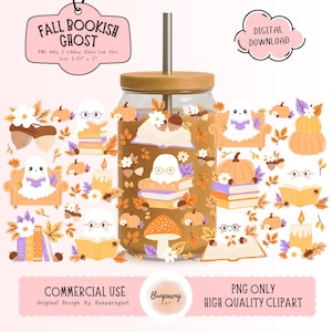 May include: A glass Libbey can with a wooden lid and straw, featuring a fall-themed design. The design includes a ghost wearing glasses, books, pumpkins, and autumn leaves. The text "FALL BOOKISH GHOST" is visible. The can is 9.75" x 5" and holds 16oz.