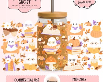 Fall Bookish Ghost PNG Wrap for Libbey Glass Can 16oz |Ghost Reading Glass Can Wrap, Fall Reading Png Wrap, Book Lover libbey wrap