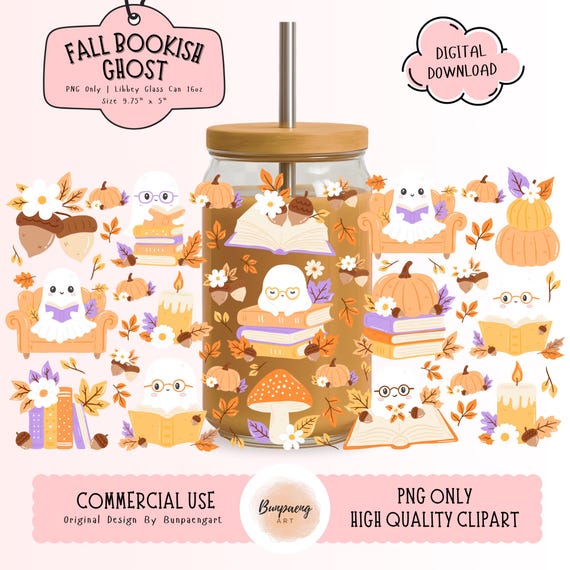 Fall Bookish Ghost PNG Wrap for Libbey Glass Can 16oz |Ghost Reading Glass Can Wrap, Fall Reading Png Wrap, Book Lover libbey wrap