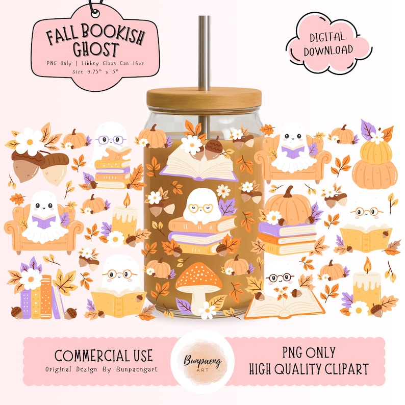 May include: A glass Libbey can with a wooden lid and straw, featuring a fall-themed design. The design includes a ghost wearing glasses, books, pumpkins, and autumn leaves. The text "FALL BOOKISH GHOST" is visible. The can is 9.75" x 5" and holds 16oz.
