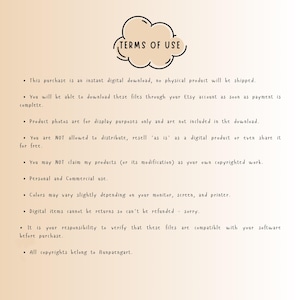 May include: A digital document titled TERMS OF USE inside a beige cloud graphic. The text outlines policies for an instant digital download, including restrictions on distribution, resale, and copyright ownership, while noting personal and commercial use.