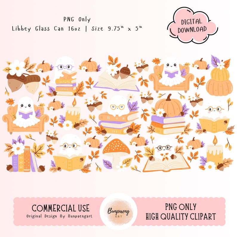 May include: A digital download featuring a repeating pattern of cartoon ghosts reading books, pumpkins, acorns, and fall leaves. The design includes the text "PNG Only" and "Digital Download". The Libbey Glass Can size is 9.75" x 5".