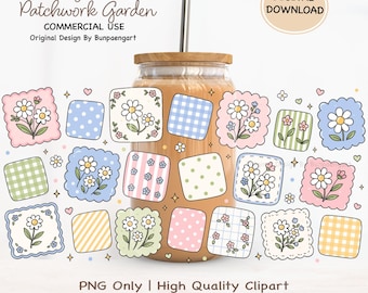 May include: A 16oz Libbey glass can with a bamboo lid and metal straw, featuring a digital design of Cozy Floral Patchwork Garden with various squares of daisies, gingham, polka dots, and stripes in pastel colors. Text reads: Cozy Floral Patchwork Garden, COMMERCIAL USE, Original Design By Bunpaengart, DIGITAL DOWNLOAD, PNG Only, High Quality Clipart, Libbey Glass Can 16oz, Size 9.75" x 5".